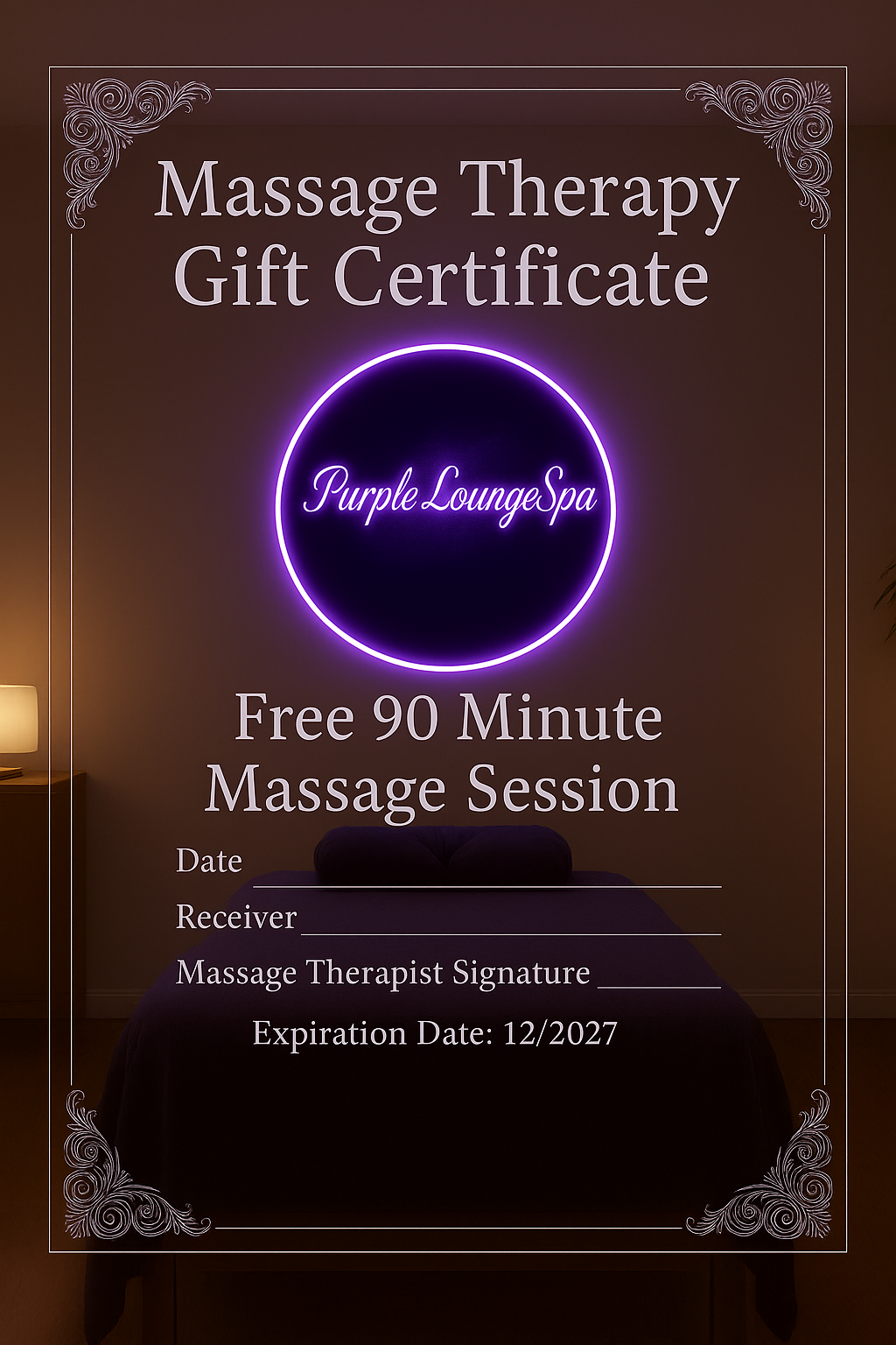 Elegant digital gift certificate with glowing purple neon ring