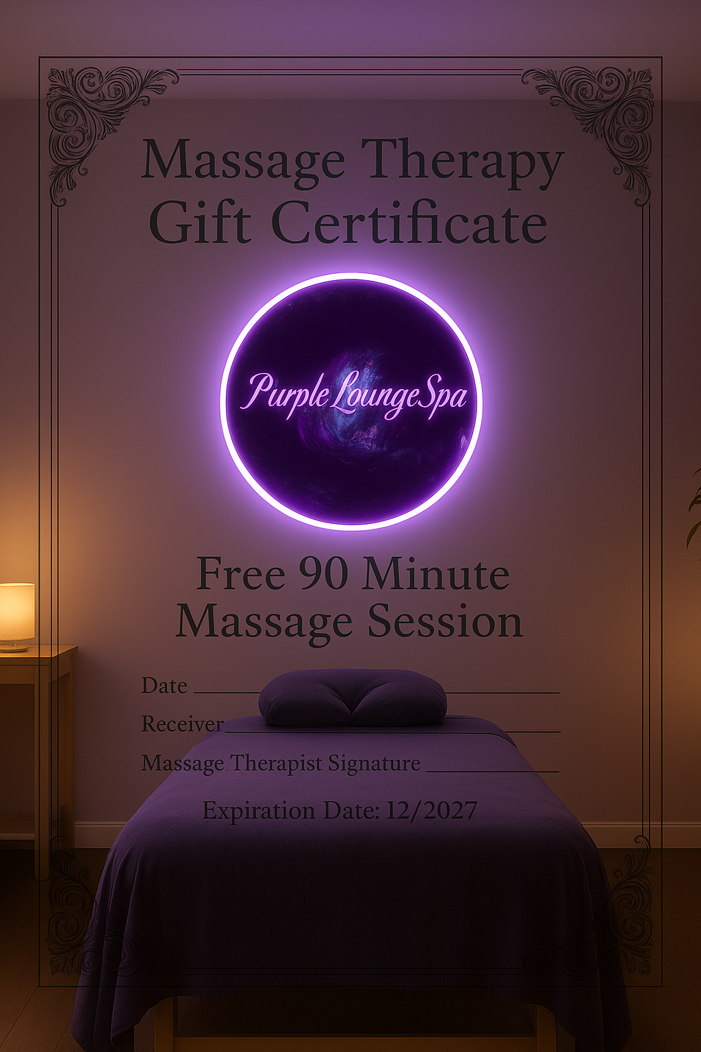 Physical printed gift certificate with glowing purple ring and elegant scroll border